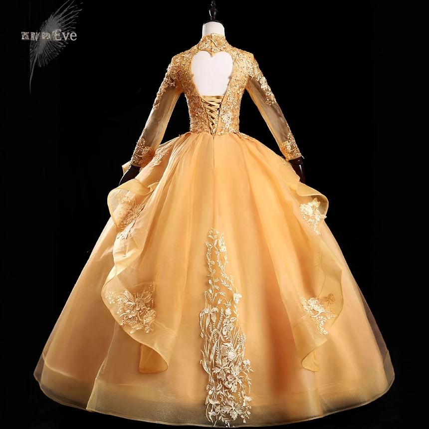 Long-Sleeve V-Neck Glitter Embroidered A-Line Evening Gown