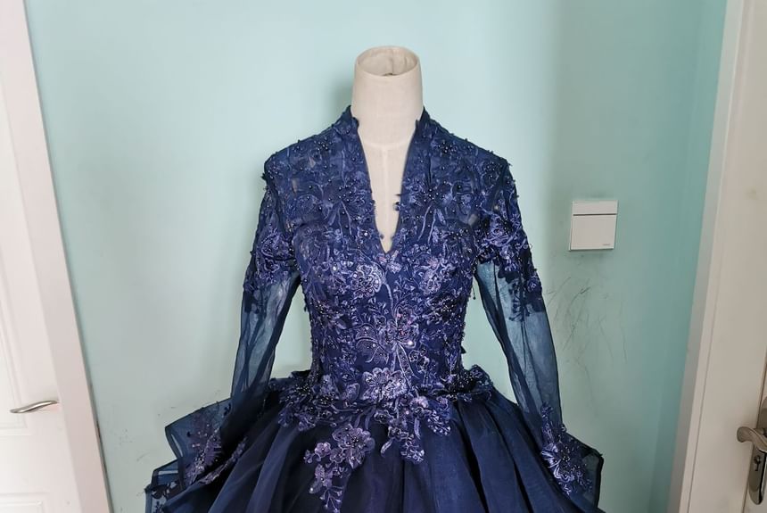 Long-Sleeve V-Neck Glitter Embroidered A-Line Evening Gown