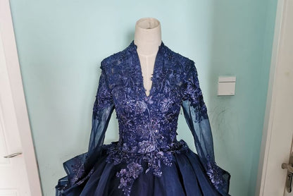 Long-Sleeve V-Neck Glitter Embroidered A-Line Evening Gown