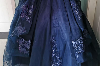 Long-Sleeve V-Neck Glitter Embroidered A-Line Evening Gown