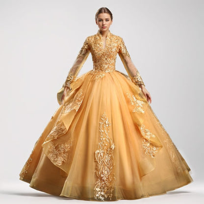 Long-Sleeve V-Neck Glitter Embroidered A-Line Evening Gown