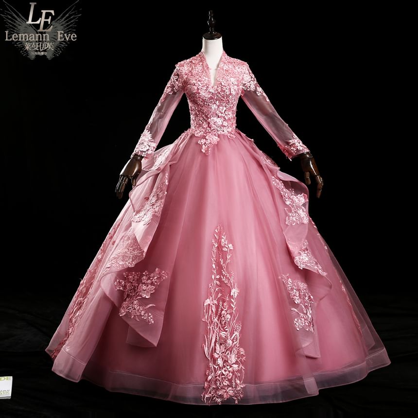 Long-Sleeve V-Neck Glitter Embroidered A-Line Evening Gown