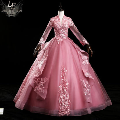 Long-Sleeve V-Neck Glitter Embroidered A-Line Evening Gown