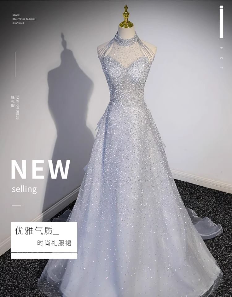 Sleeveless Halter Neck Plain A-Line Evening Gown