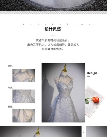 Sleeveless Halter Neck Plain A-Line Evening Gown