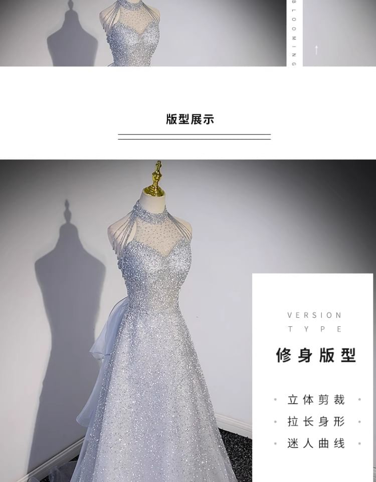 Sleeveless Halter Neck Plain A-Line Evening Gown