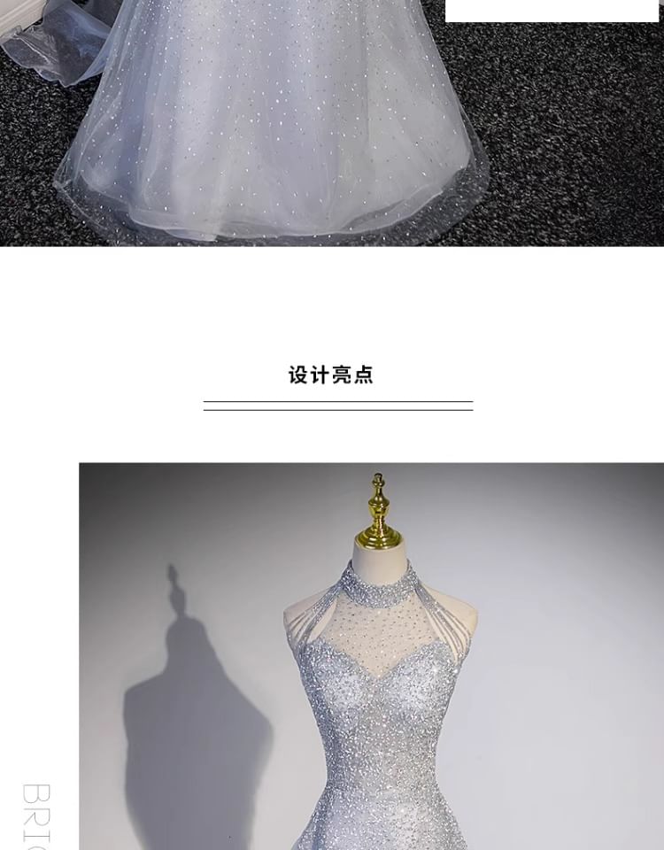 Sleeveless Halter Neck Plain A-Line Evening Gown