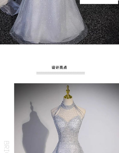 Sleeveless Halter Neck Plain A-Line Evening Gown