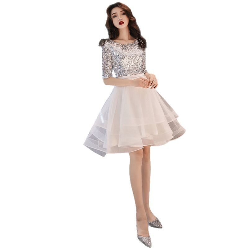 Elbow-Sleeve Round Neck Glitter Panel A-Line Party Dress (Various Designs)
