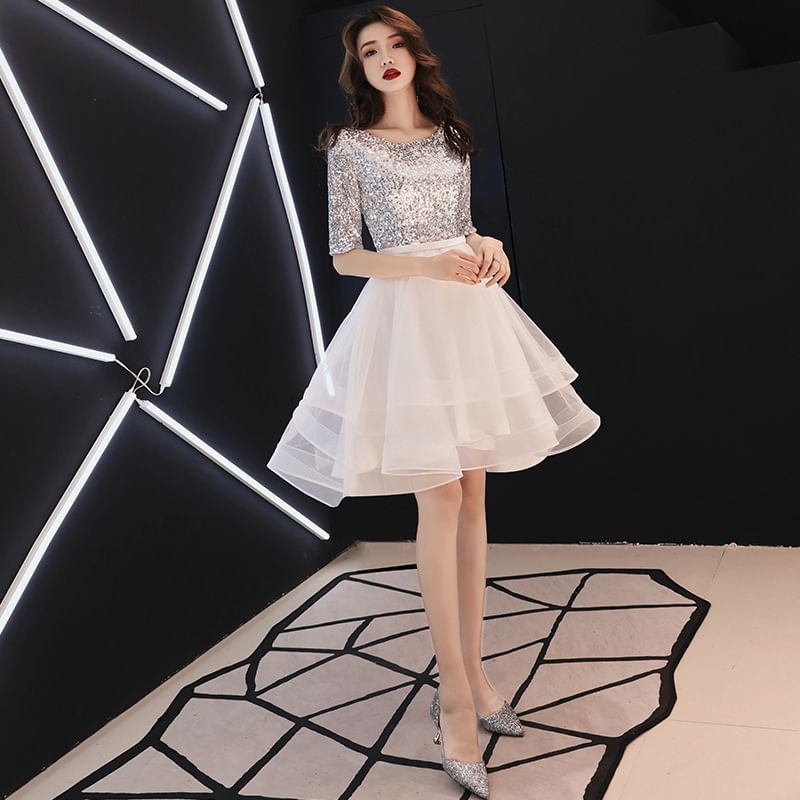 Elbow-Sleeve Round Neck Glitter Panel A-Line Party Dress (Various Designs)