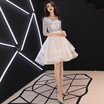Elbow-Sleeve Round Neck Glitter Panel A-Line Party Dress (Various Designs)