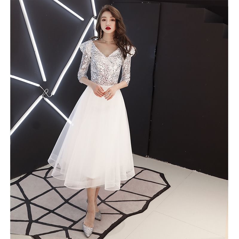 Elbow-Sleeve Round Neck Glitter Panel A-Line Party Dress (Various Designs)