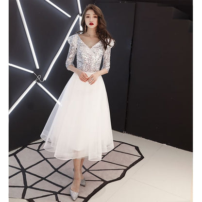 Elbow-Sleeve Round Neck Glitter Panel A-Line Party Dress (Various Designs)