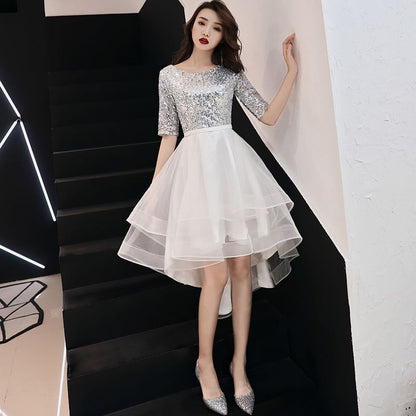 Elbow-Sleeve Round Neck Glitter Panel A-Line Party Dress (Various Designs)