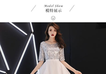 Elbow-Sleeve Round Neck Glitter Panel A-Line Party Dress (Various Designs)