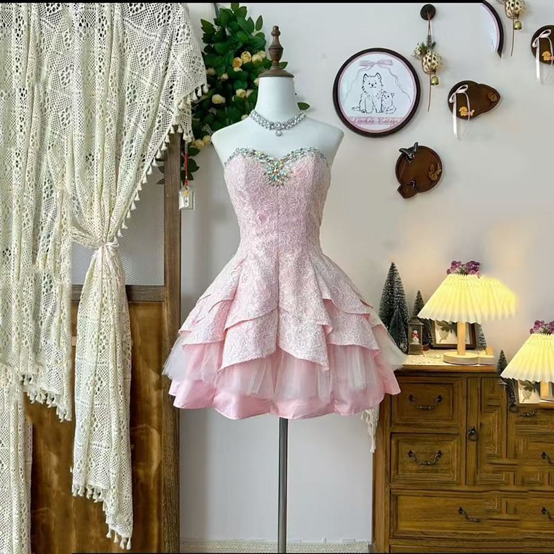 Strapless Rhinestone Embroidered Mini A-Line Party Dress