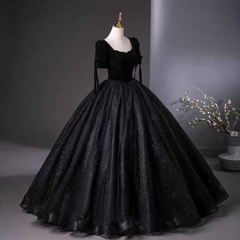 Short-Sleeve Square Neck Plain Glitter A-Line Evening Gown