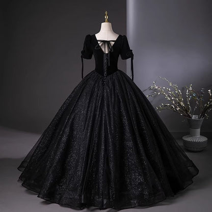 Short-Sleeve Square Neck Plain Glitter A-Line Evening Gown