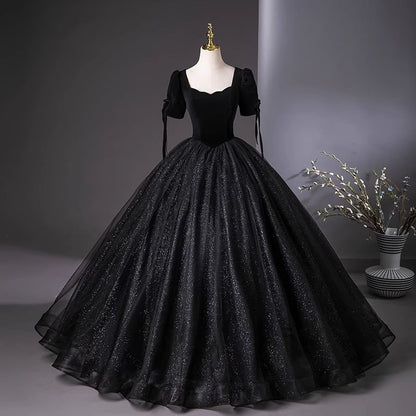Short-Sleeve Square Neck Plain Glitter A-Line Evening Gown