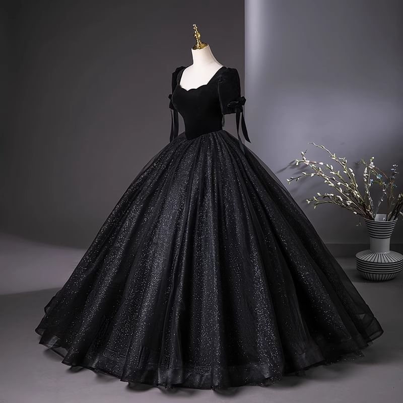 Short-Sleeve Square Neck Plain Glitter A-Line Evening Gown
