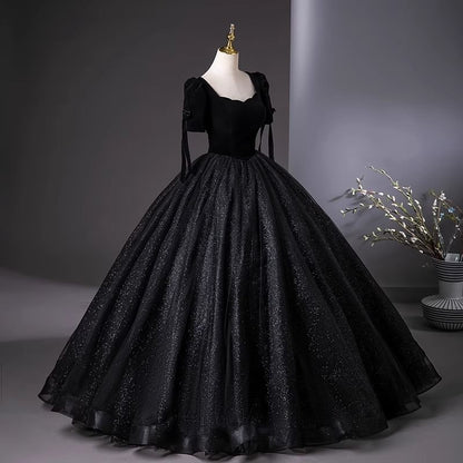 Short-Sleeve Square Neck Plain Glitter A-Line Evening Gown