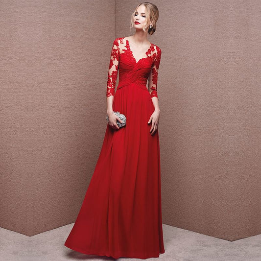 3/4-Sleeve V-Neck Floral Lace Sheath Evening Gown
