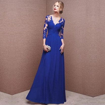 3/4-Sleeve V-Neck Floral Lace Sheath Evening Gown