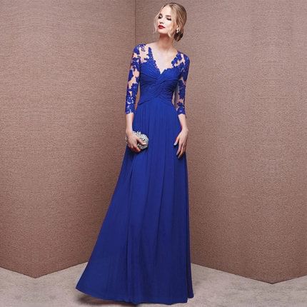 3/4-Sleeve V-Neck Floral Lace Sheath Evening Gown