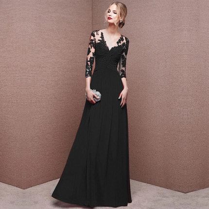 3/4-Sleeve V-Neck Floral Lace Sheath Evening Gown