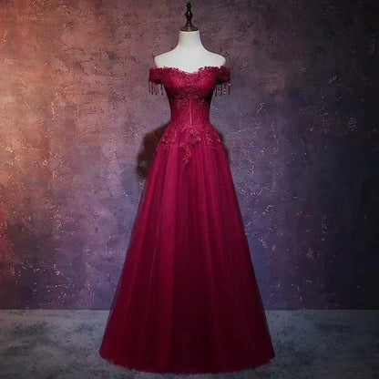 Off Shoulder Embroidered Lace A-Line Evening Gown