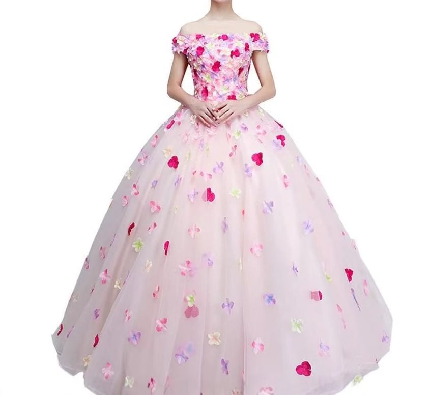 Wedding Embroidered Gown Off Floral Shoulder Ball