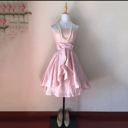 Spaghetti Strap Plain Bow Waist A-Line Party Dress