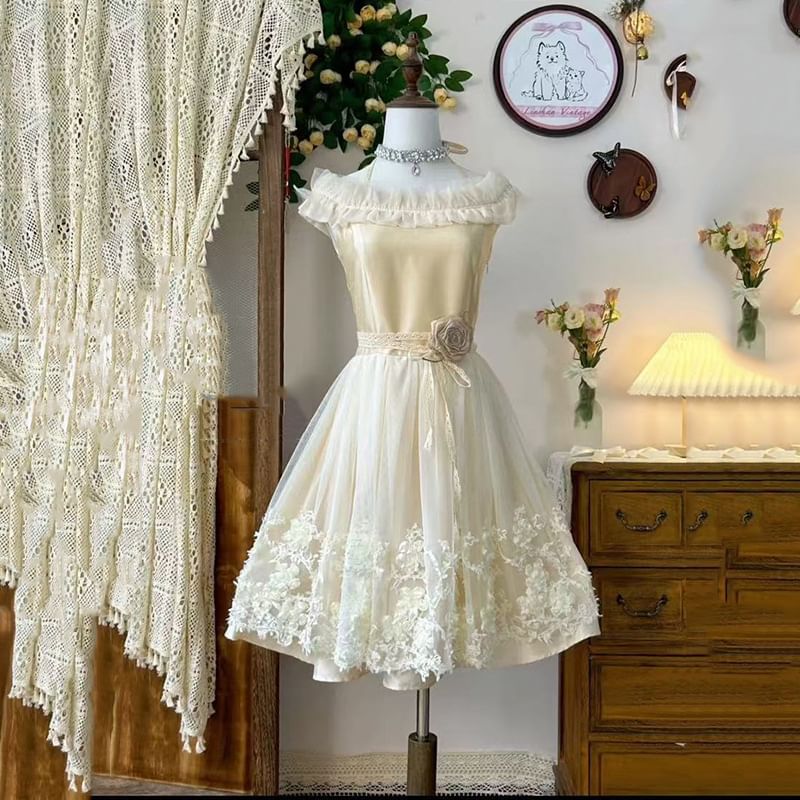 Off Shoulder Plain Lace Embroidered A-Line Party Dress