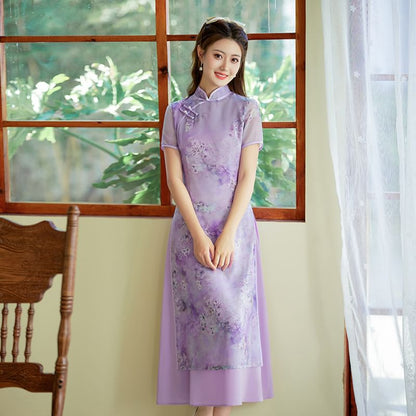 Short Sleeve Floral Print Panel Midi A-Line Qipao