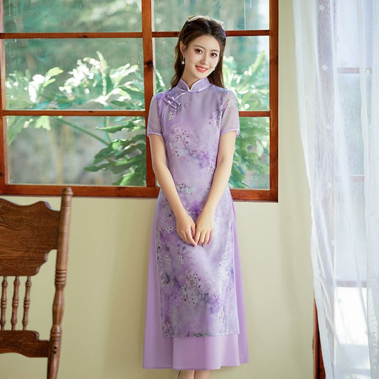 Short Sleeve Floral Print Panel Midi A-Line Qipao