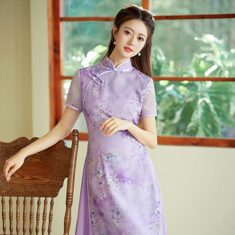 Short Sleeve Floral Print Panel Midi A-Line Qipao
