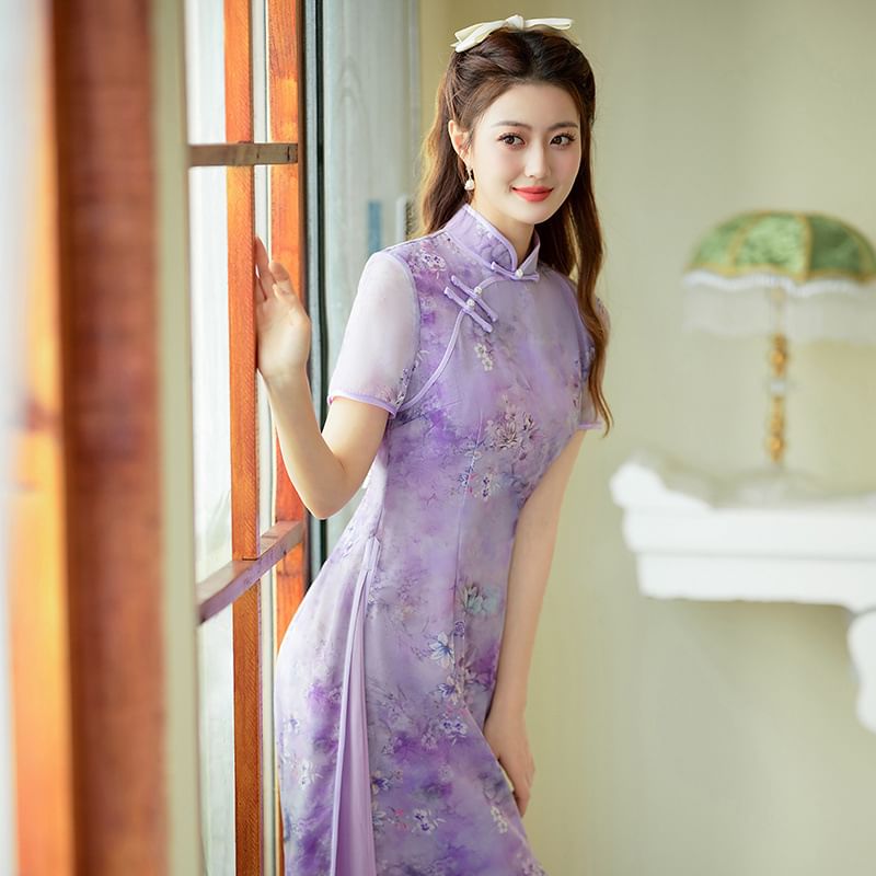 Short Sleeve Floral Print Panel Midi A-Line Qipao