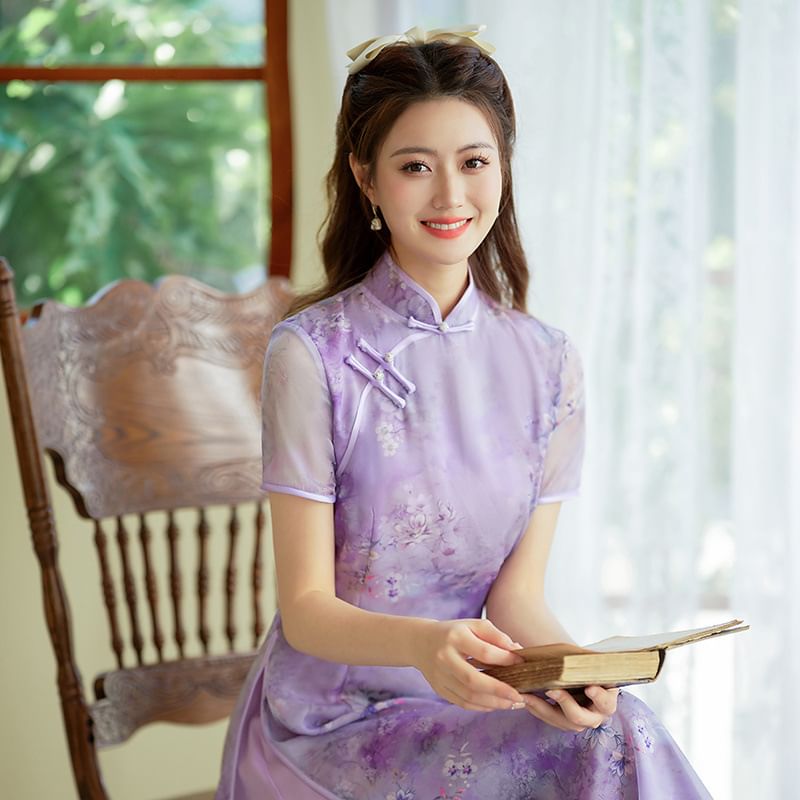 Short Sleeve Floral Print Panel Midi A-Line Qipao