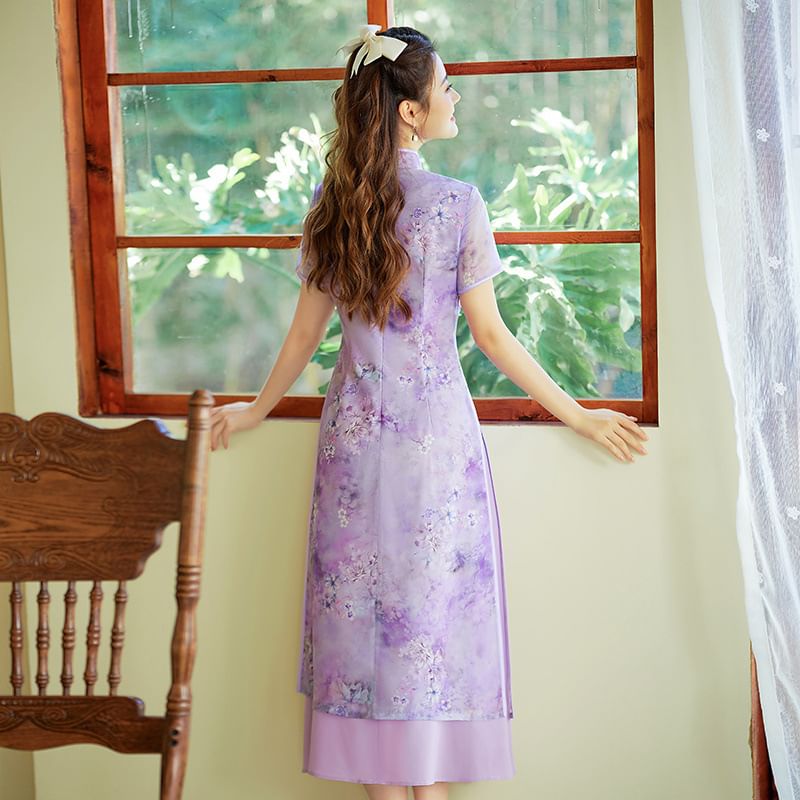 Short Sleeve Floral Print Panel Midi A-Line Qipao
