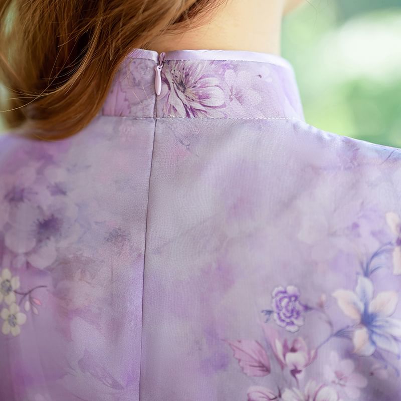 Short Sleeve Floral Print Panel Midi A-Line Qipao