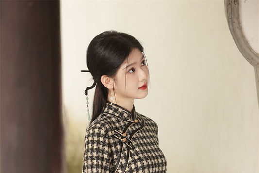 3/4 Sleeve Plaid Midi Sheath Qipao