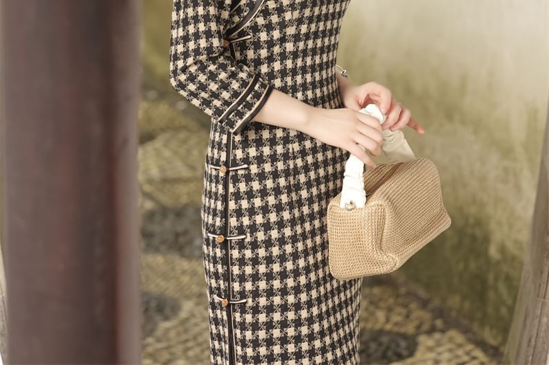 3/4 Sleeve Plaid Midi Sheath Qipao