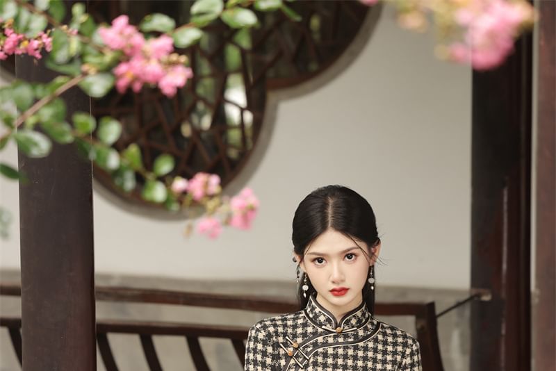 3/4 Sleeve Plaid Midi Sheath Qipao