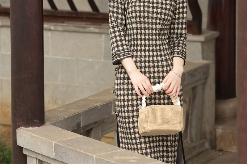 3/4 Sleeve Plaid Midi Sheath Qipao