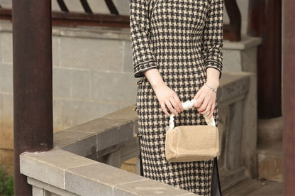 3/4 Sleeve Plaid Midi Sheath Qipao