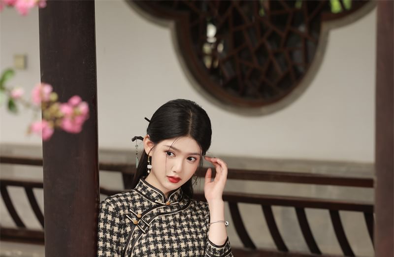 3/4 Sleeve Plaid Midi Sheath Qipao