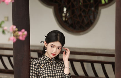 3/4 Sleeve Plaid Midi Sheath Qipao