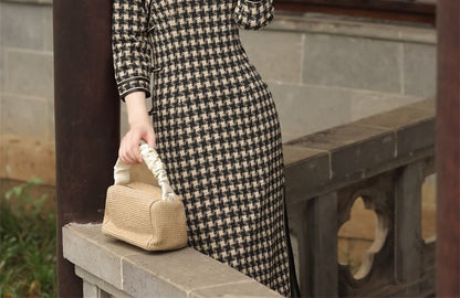 3/4 Sleeve Plaid Midi Sheath Qipao