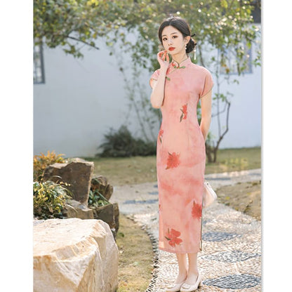 Short Sleeve Floral Print Midi Sheath Qipao
