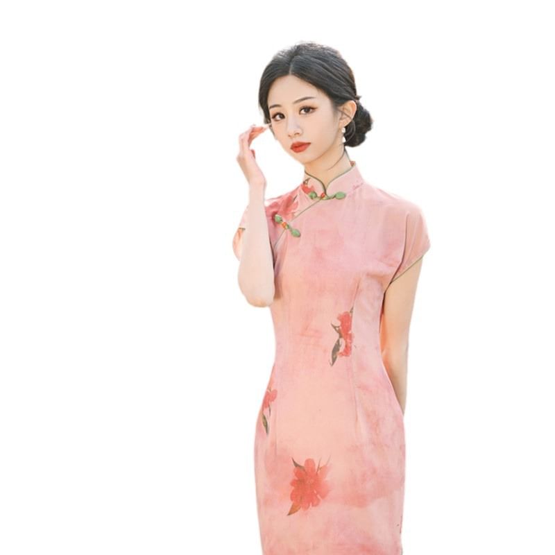 Short Sleeve Floral Print Midi Sheath Qipao